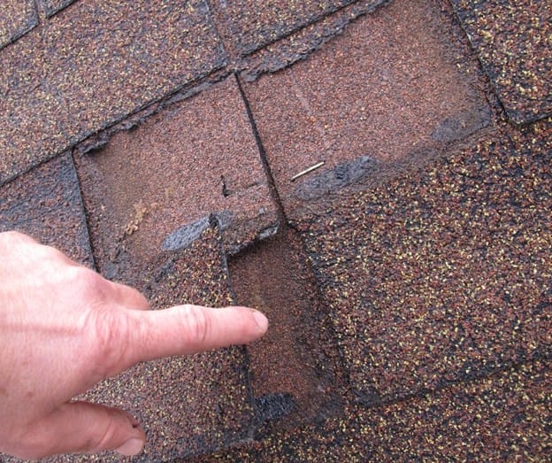A professional roofer, from Bauer Specialty, inspecting damaged roof shingles in Erie, PA.